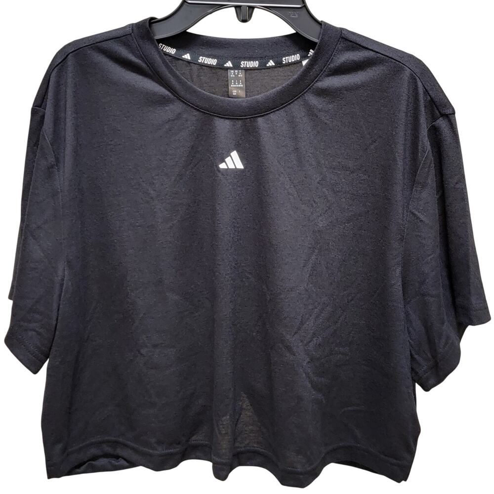 Adidas Women Studio Tee Crop Top Knot-Back Training T-Shirt Size M Black - Picture 2 of 4